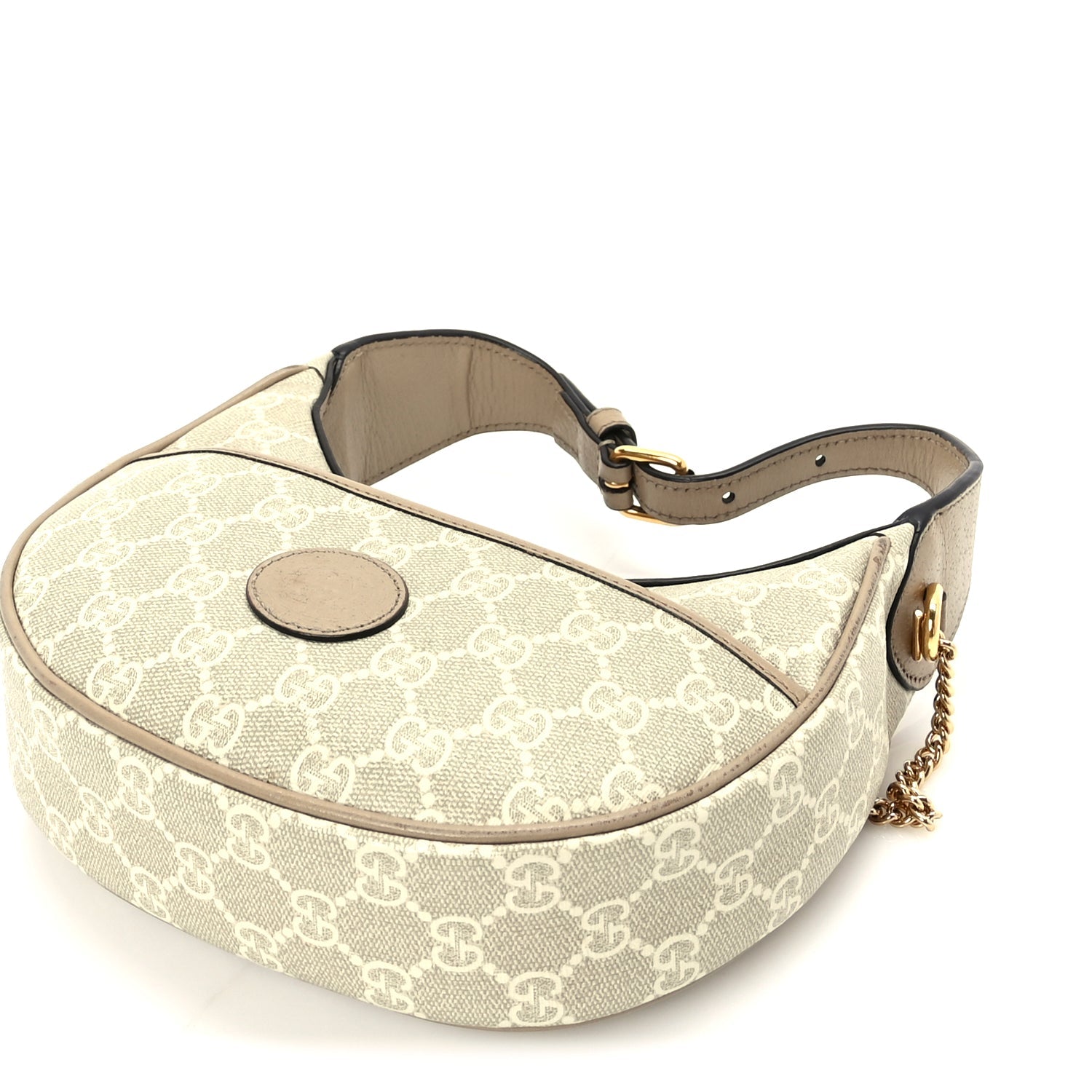 Gucci GG Supreme Monogram Textured Dollar Calfskin Mini Retro Interlocking G Half Moon Bag Beige Mystic White Oatmeal