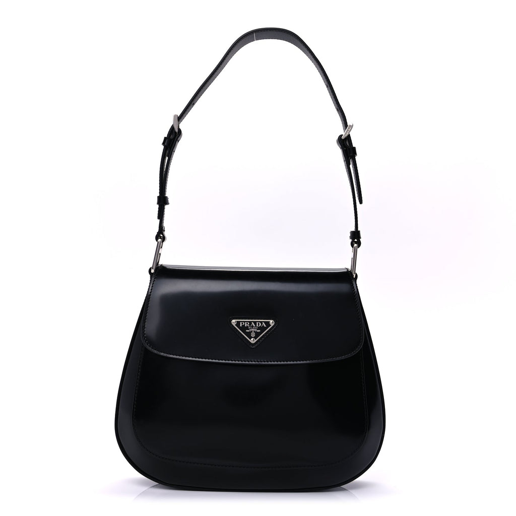 Prada Spazzolato Cleo Flap Adjustable Strap Shoulder Bag  Black