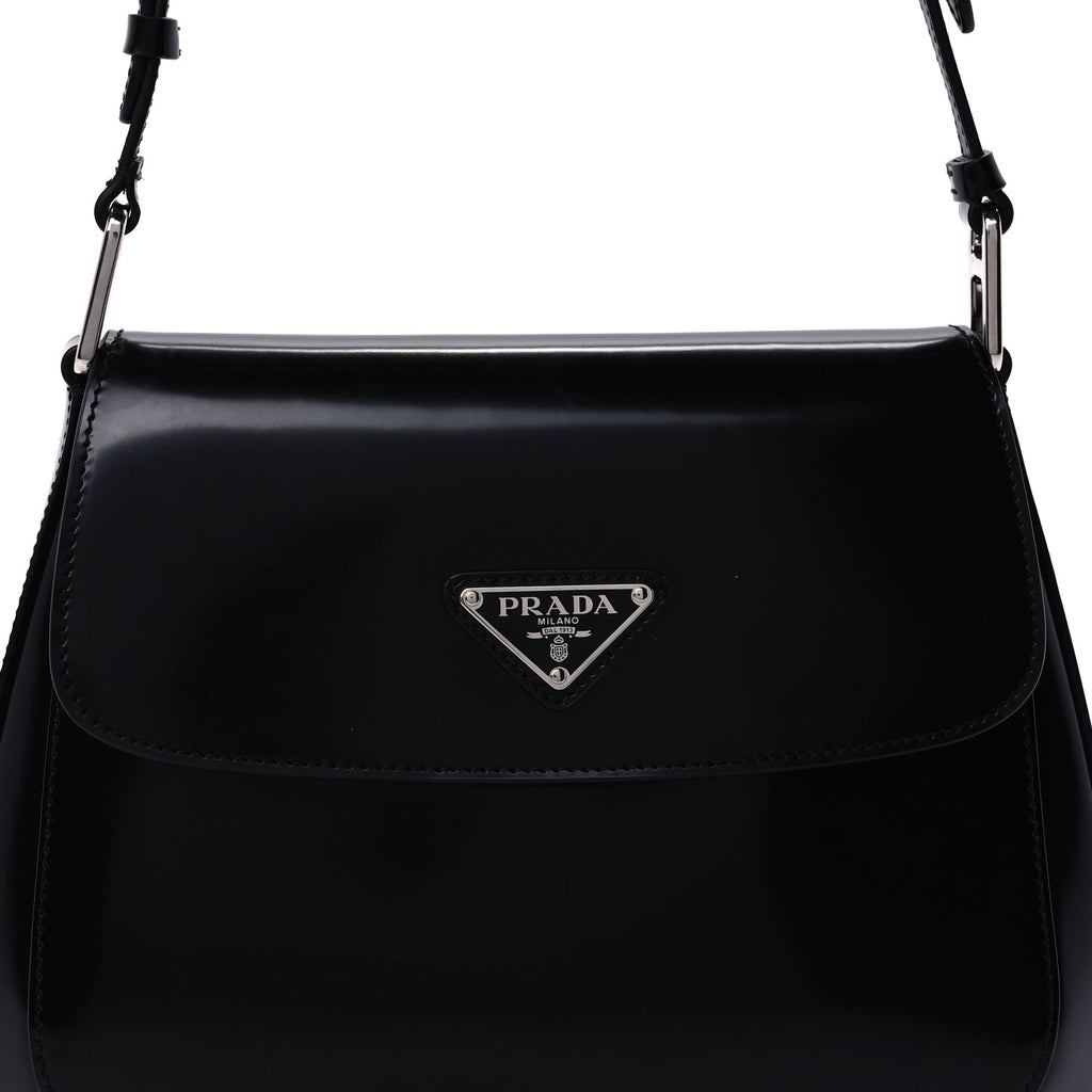 Prada Spazzolato Cleo Flap Adjustable Strap Shoulder Bag  Black