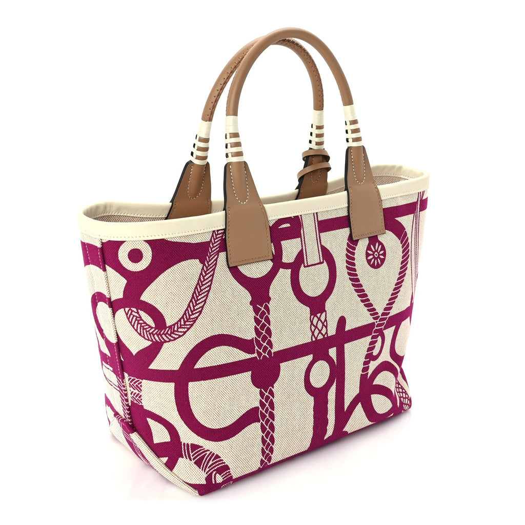 Hermes H Plume Canvas Swift Printed Panoplie Equestre Steeple 25 Bag Rose Pourpre Ecru Beige Chai
