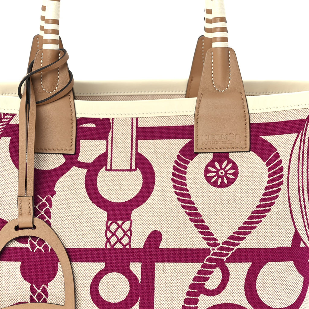 Hermes H Plume Canvas Swift Printed Panoplie Equestre Steeple 25 Bag Rose Pourpre Ecru Beige Chai