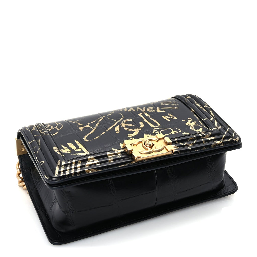 Chanel Calfskin Crocodile Embossed Graffiti Cocodile Medium Boy Flap Black