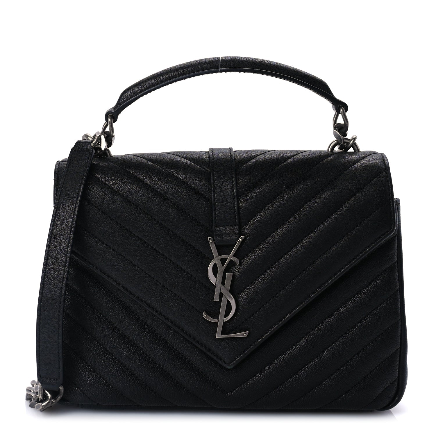 Saint Laurent Sheepskin Matelasse Chevron Monogram Medium College Bag  Black
