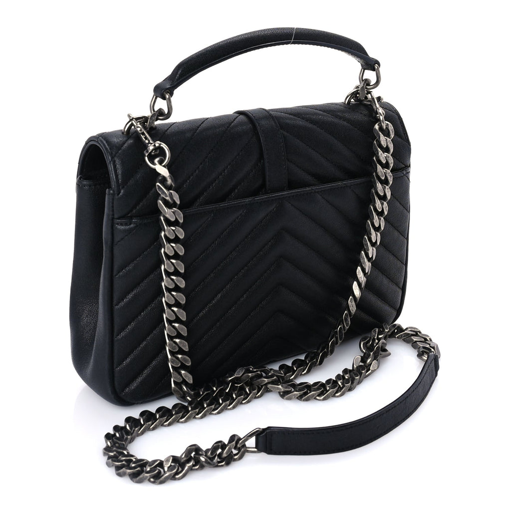 Saint Laurent Sheepskin Matelasse Chevron Monogram Medium College Bag  Black