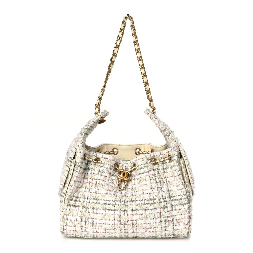 Chanel Tweed Quilted Small Chanel 25 Handbag Ecru Khaki Gold Red