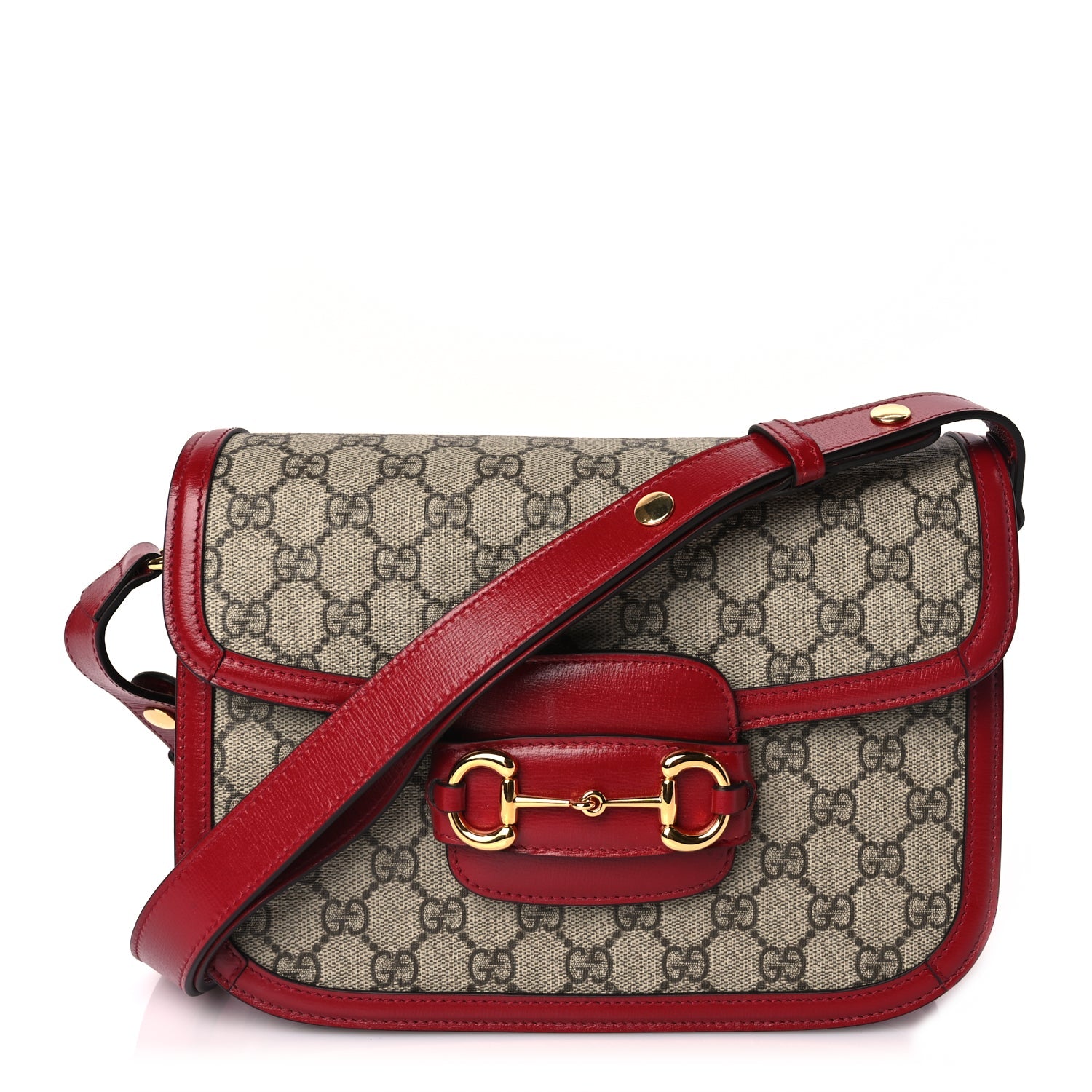 Gucci GG Supreme Monogram Azalea Calfskin Horsebit 1955 Shoulder Bag Beige Ebony New Cherry Red