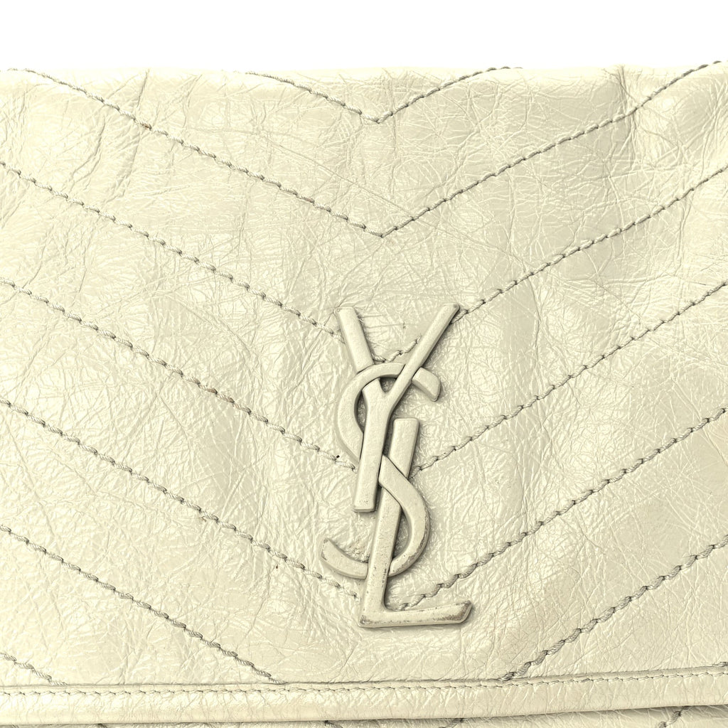 Saint Laurent Crinkled Calfskin Matelasse Monogram Medium Niki Chain Satchel Crema Soft