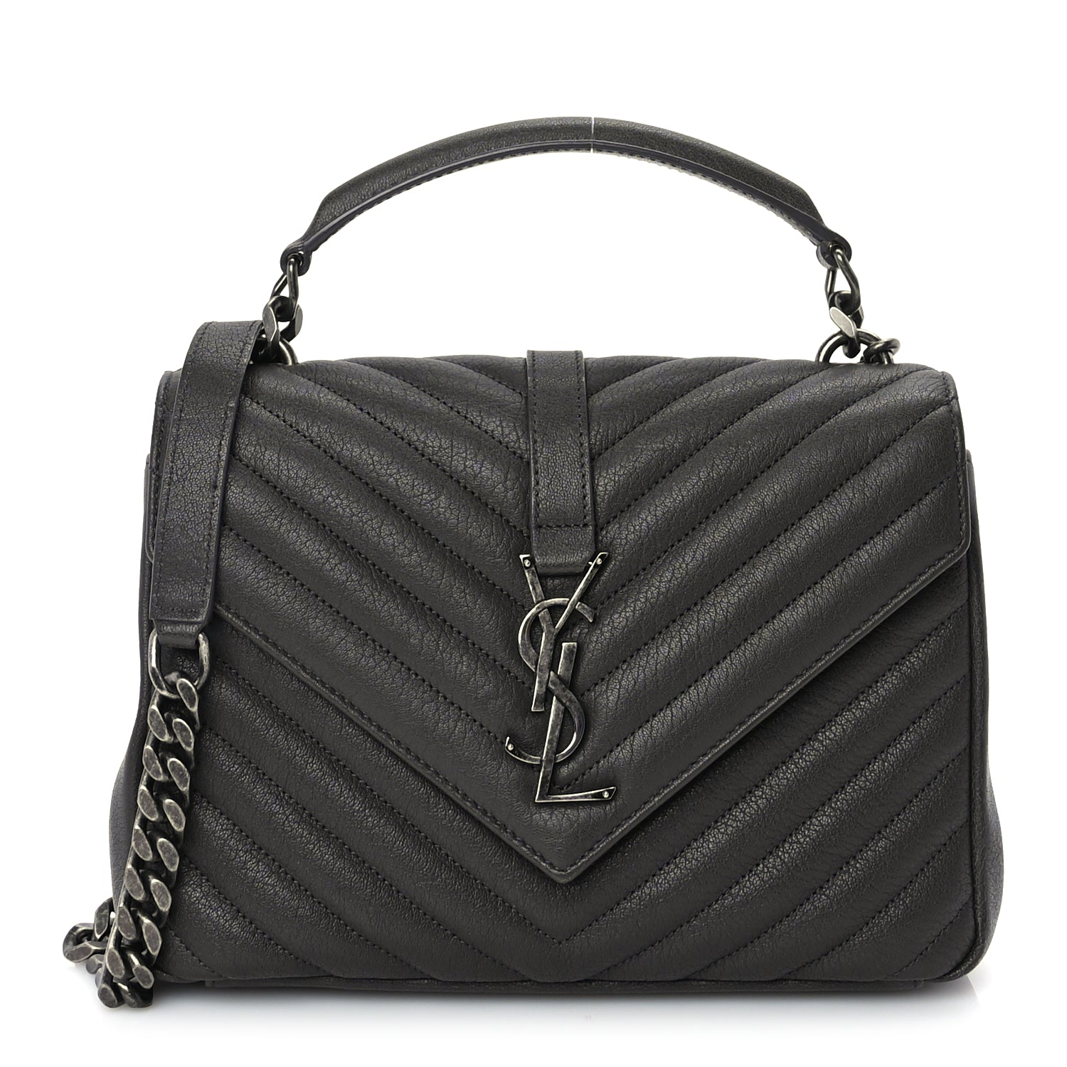 Saint Laurent Sheepskin Matelasse Chevron Monogram Medium College Satchel Dark Anthracite