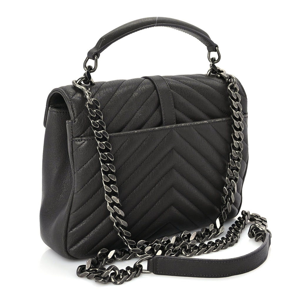 Saint Laurent Sheepskin Matelasse Chevron Monogram Medium College Satchel Dark Anthracite