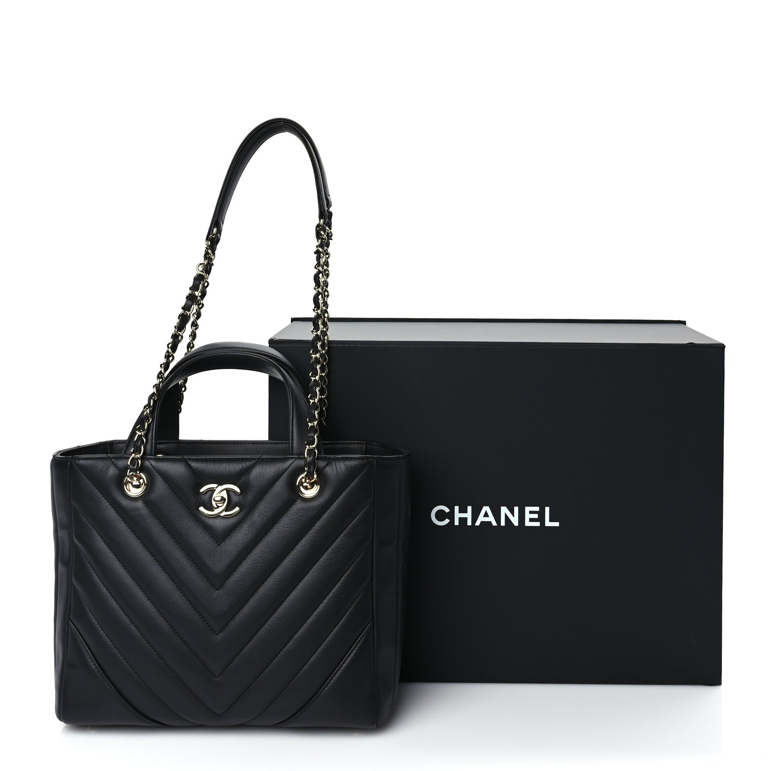 Chanel Calfskin Chevron Quilted Small Statement Shopping Tote Black