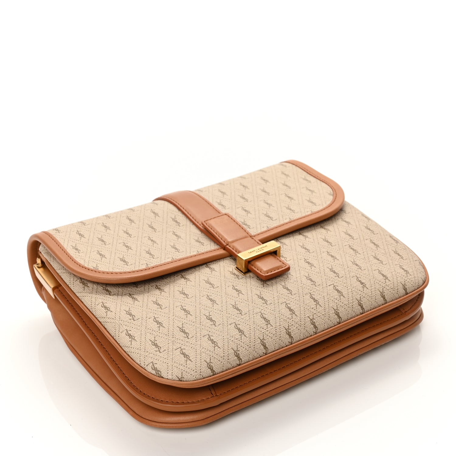 Saint Laurent Canvas All-Over Monogram Small Le Monogramme Satchel Beige Kaki Brown Gold