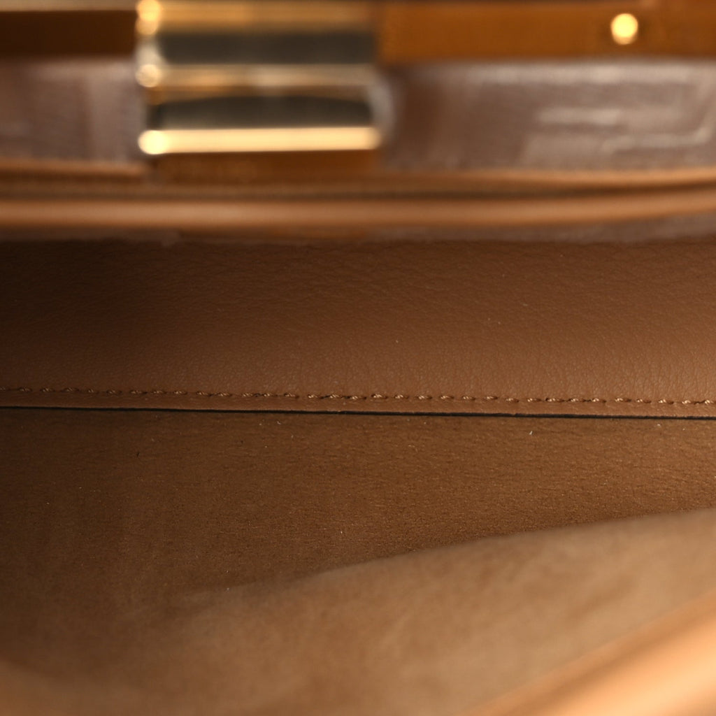 Fendi Vitello Seta Canvas FF Embroidered Mini Peekaboo Iconic Satchel Miele Scuro Poudre