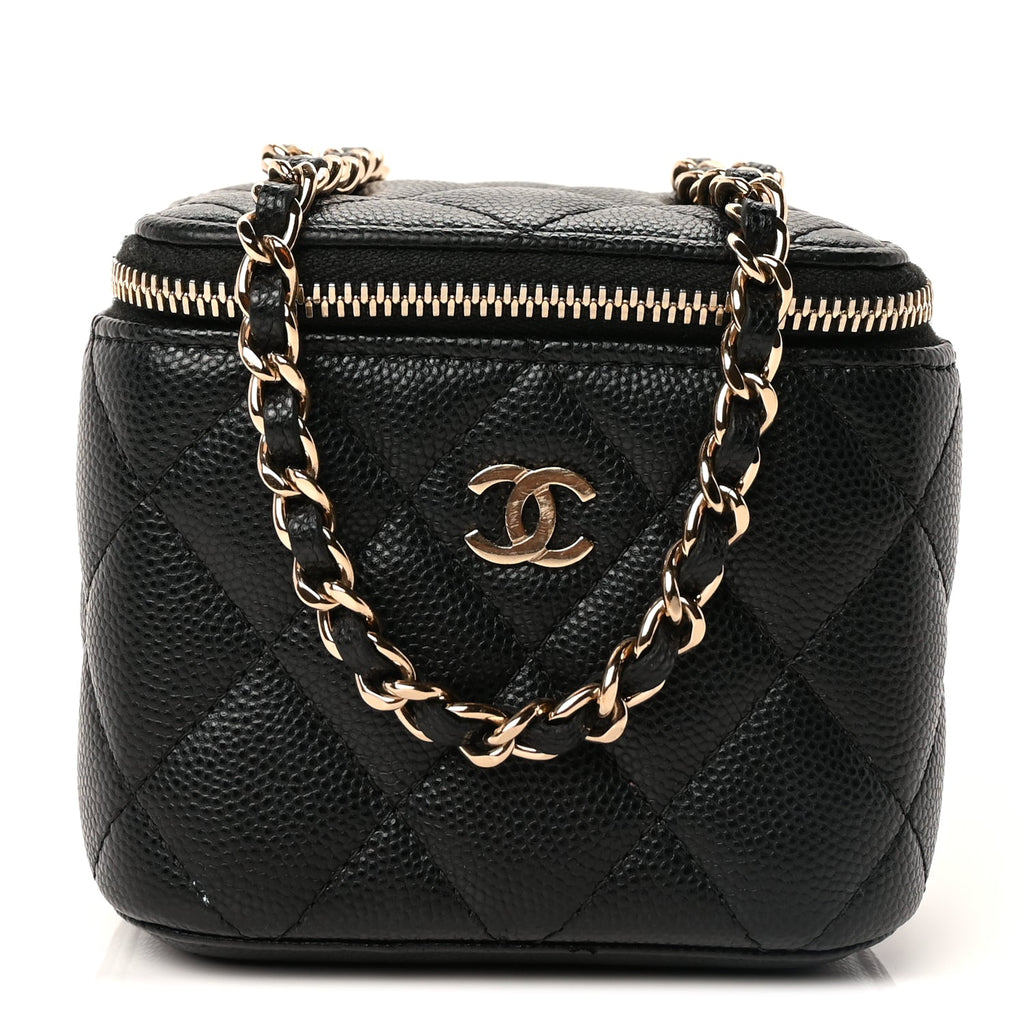 Chanel Caviar Quilted Mini Vanity Case With Chain  Black