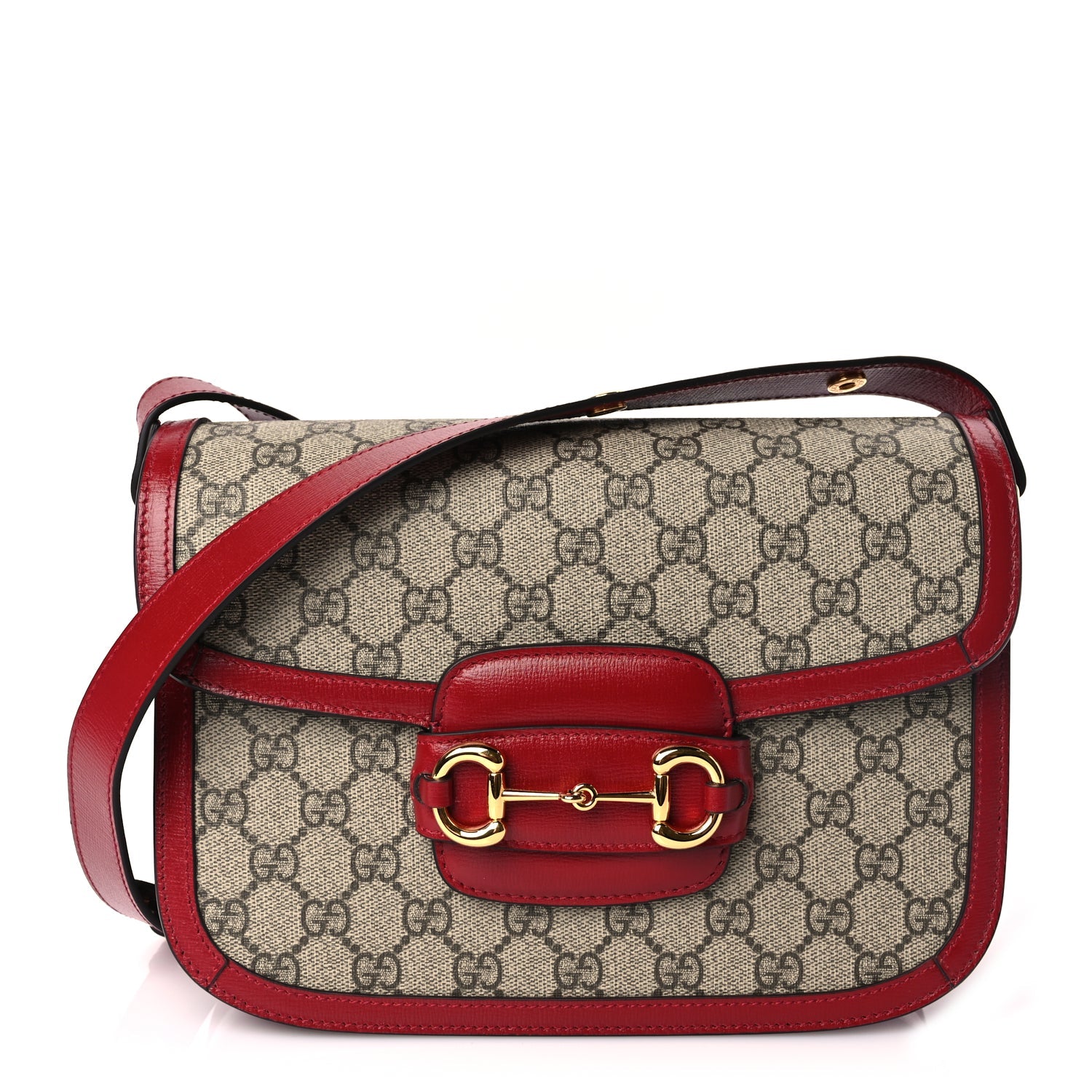 Gucci GG Supreme Monogram Azalea Calfskin Horsebit 1955 Shoulder Bag Beige Ebony New Cherry Red