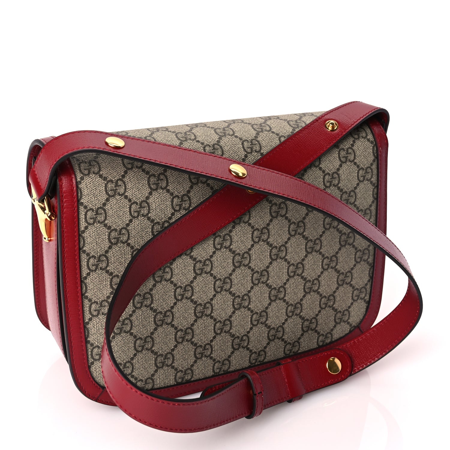 Gucci GG Supreme Monogram Azalea Calfskin Horsebit 1955 Shoulder Bag Beige Ebony New Cherry Red