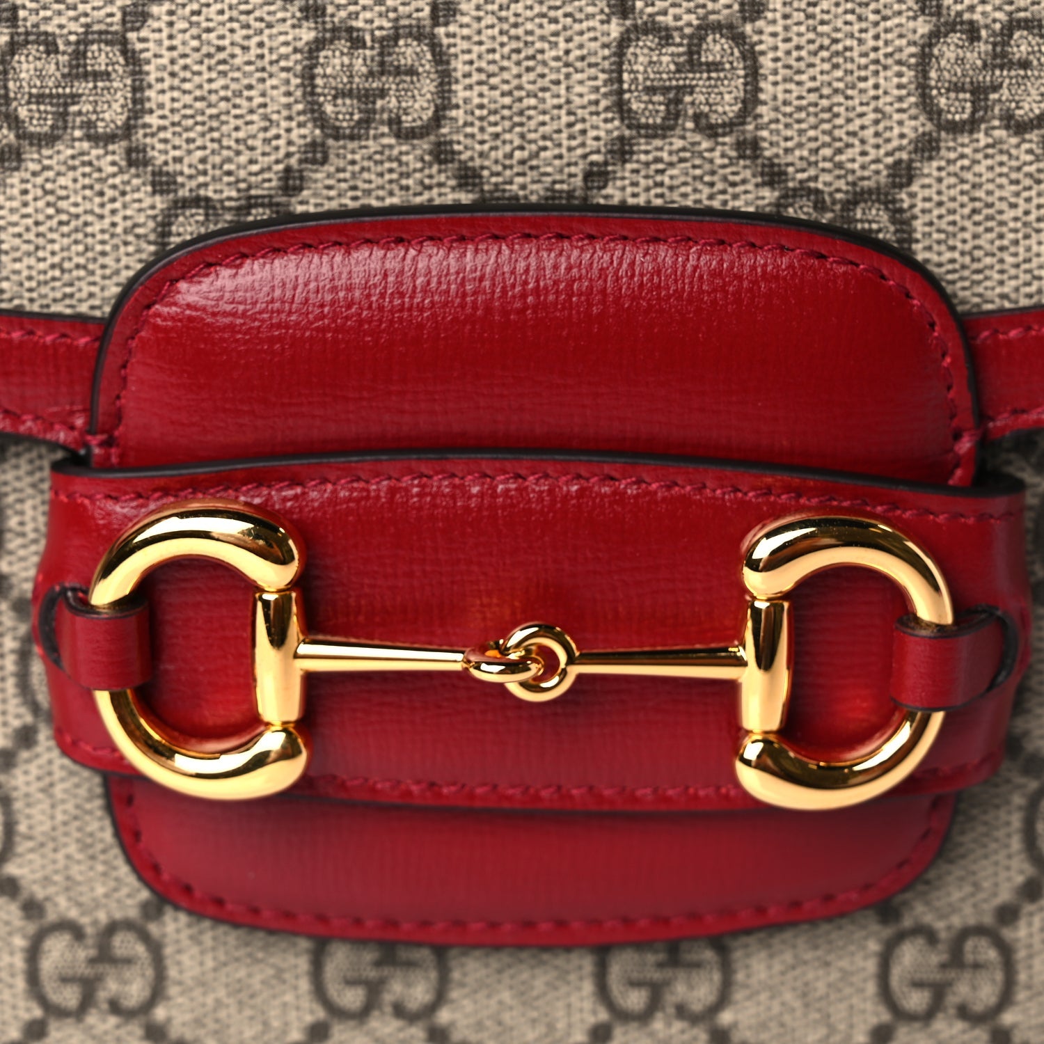 Gucci GG Supreme Monogram Azalea Calfskin Horsebit 1955 Shoulder Bag Beige Ebony New Cherry Red