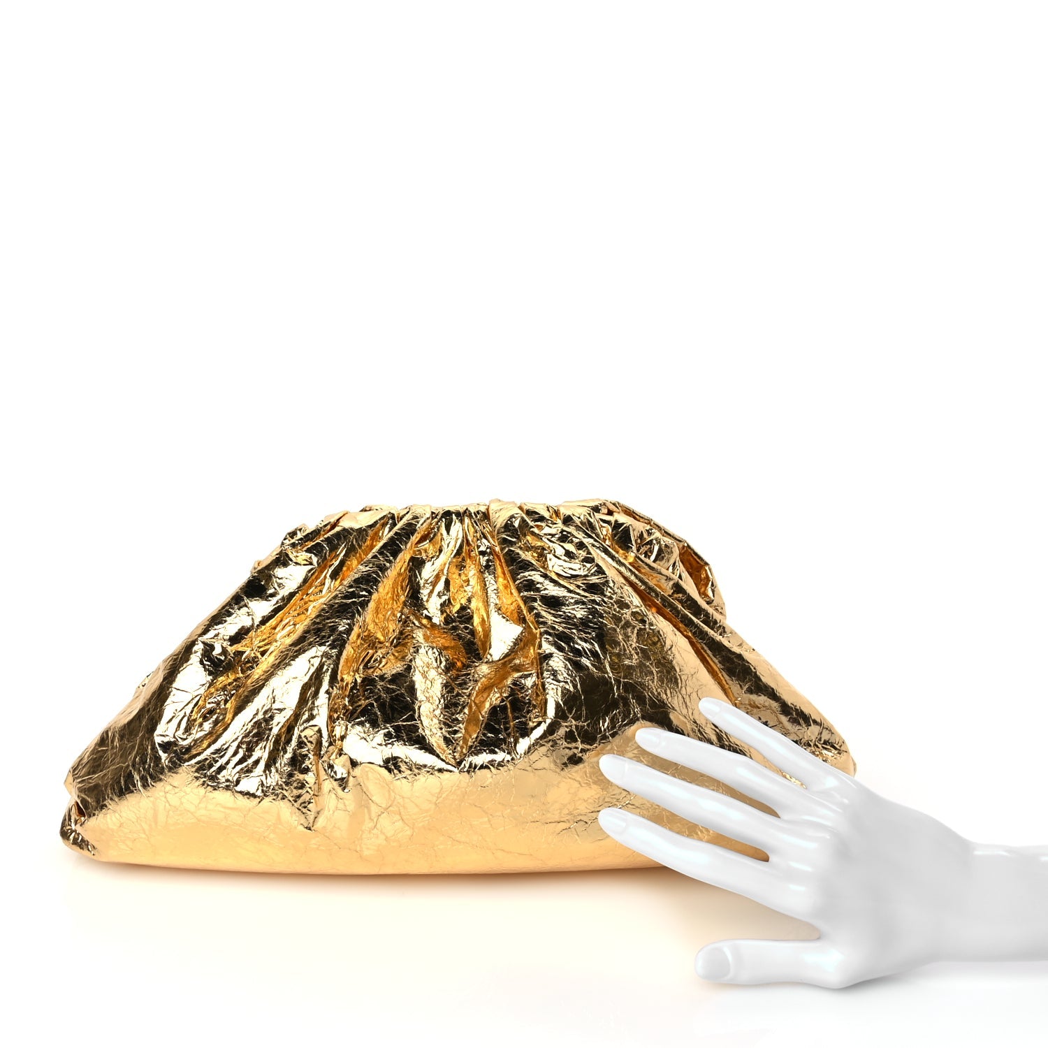 Bottega Veneta Metallic Crinkled Lambskin The Pouch Oversized Clutch Oro