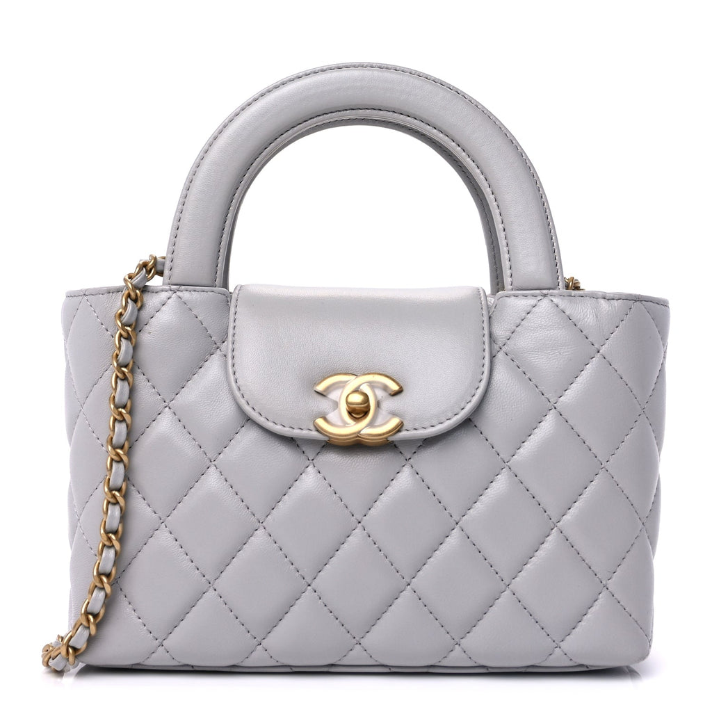 Chanel Shiny Aged Calfskin Quilted Nano Kelly Shopper  Light Grey