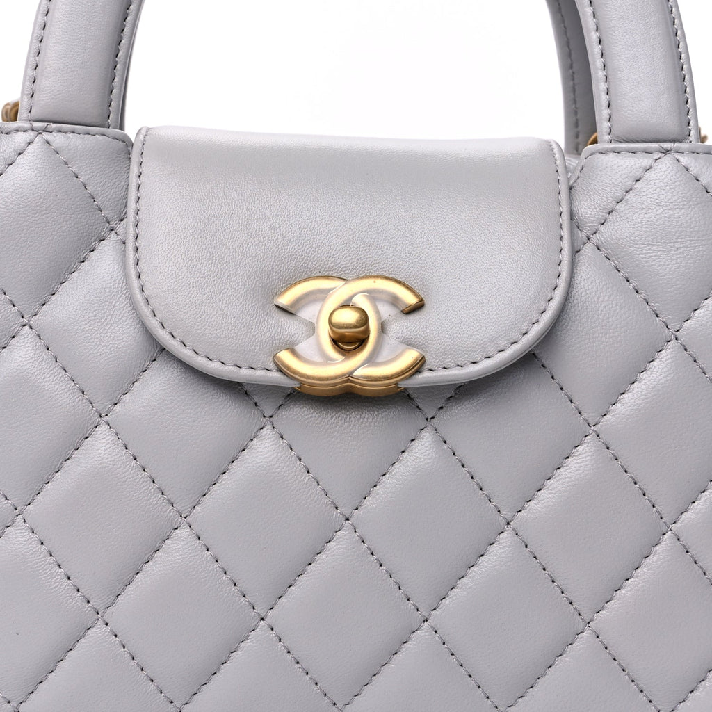 Chanel Shiny Aged Calfskin Quilted Nano Kelly Shopper  Light Grey
