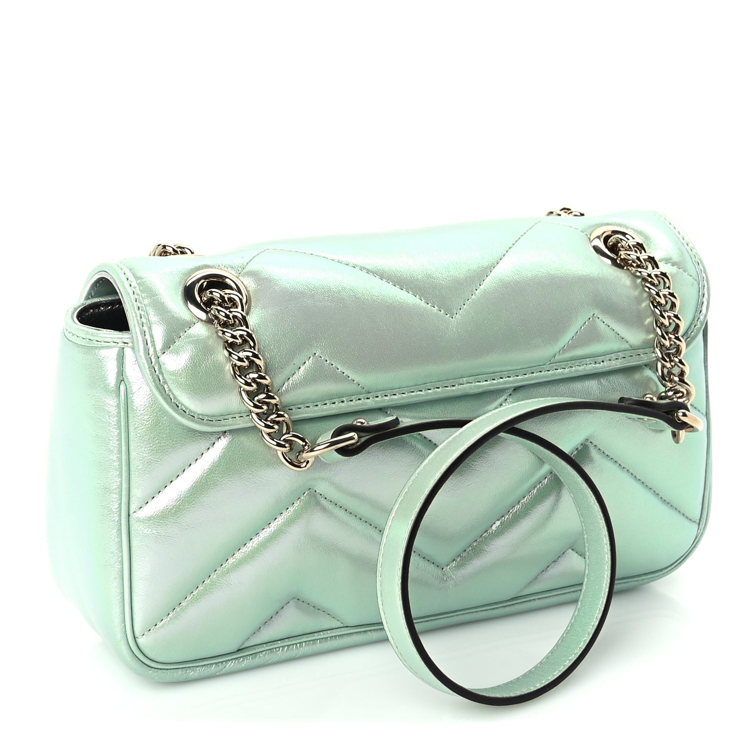 Gucci Iridescent Nappa Chevron Matelasse Small GG Marmont Shoulder Bag Iridescent Salvy Green