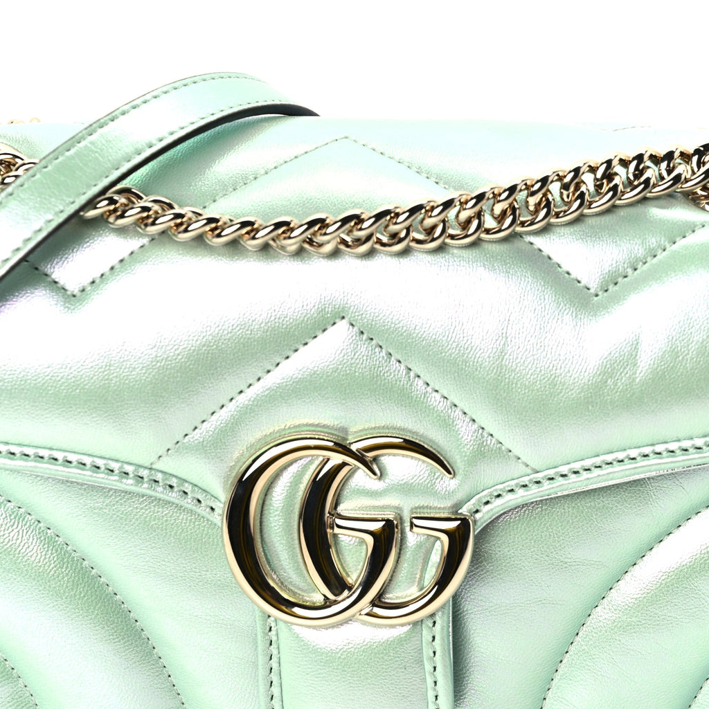 Gucci Iridescent Nappa Chevron Matelasse Small GG Marmont Shoulder Bag Iridescent Salvy Green