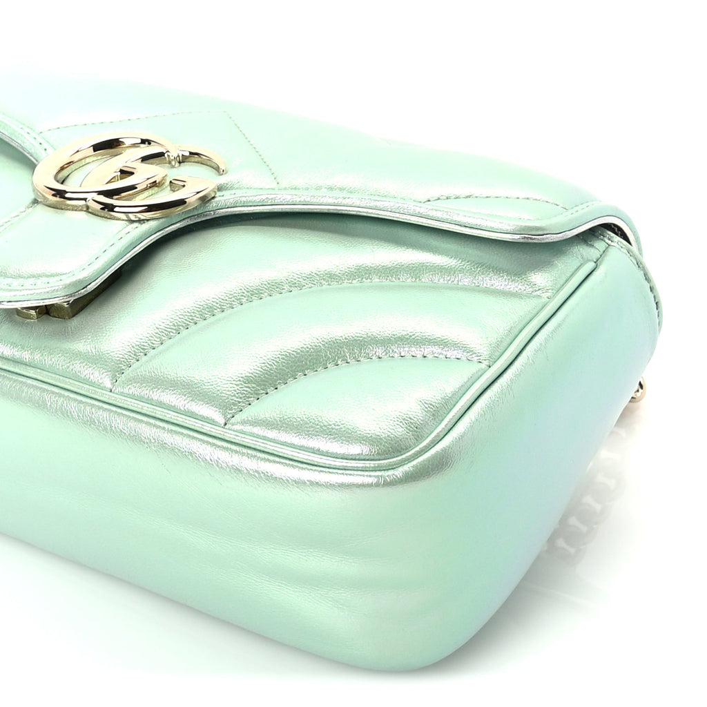 Gucci Iridescent Nappa Chevron Matelasse Small GG Marmont Shoulder Bag Iridescent Salvy Green