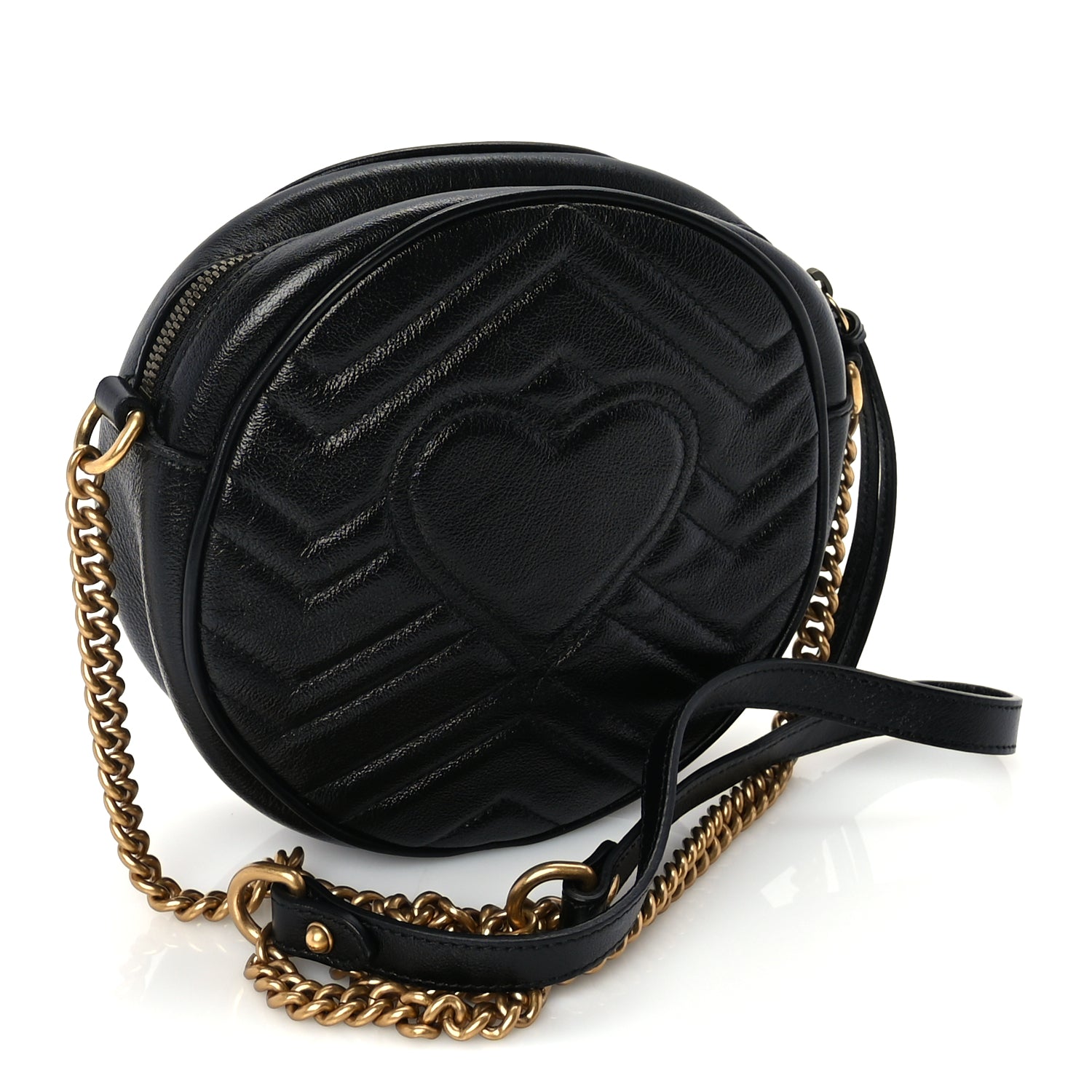 Gucci Azalea Calfskin Matelasse Heart Mini GG Marmont Round Shoulder Bag Black
