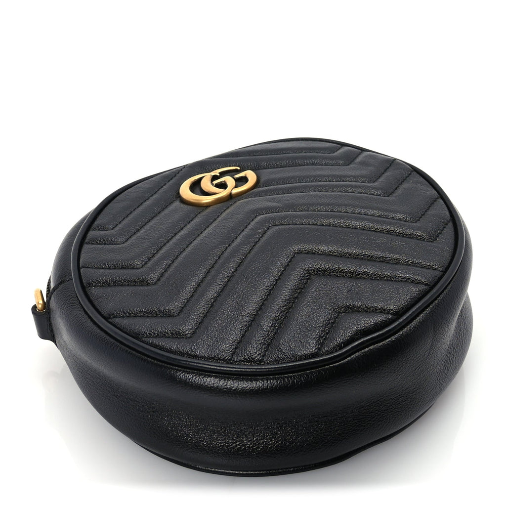 Gucci Azalea Calfskin Matelasse Heart Mini GG Marmont Round Shoulder Bag Black