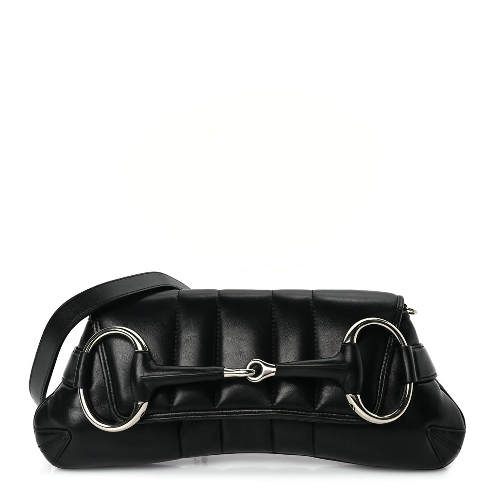 Gucci Nappa Vertical Matelasse Medium Maxi Horsebit Chain Shoulder Bag Black