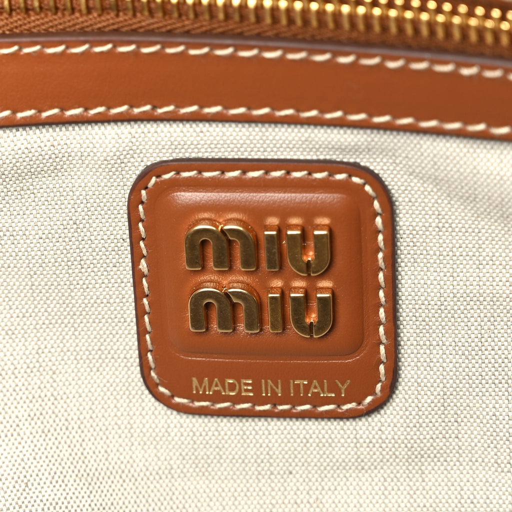 Miu Miu Canvas Calfskin Large Beau Top Handle Bag Naturale Brandy