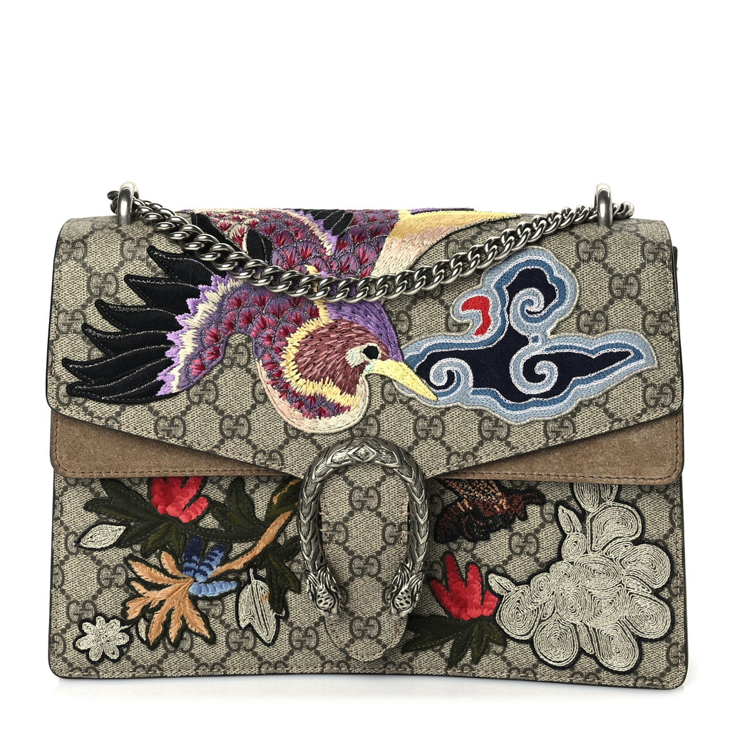 Gucci GG Supreme Monogram Bird And Flowers Embroidered Medium Dionysus Shoulder Bag Taupe