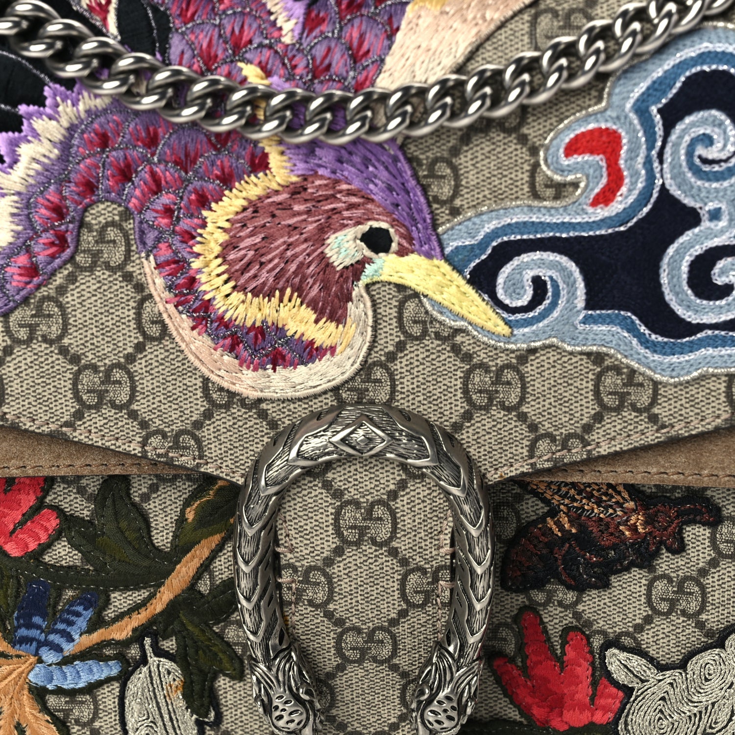 Gucci GG Supreme Monogram Bird And Flowers Embroidered Medium Dionysus Shoulder Bag Taupe