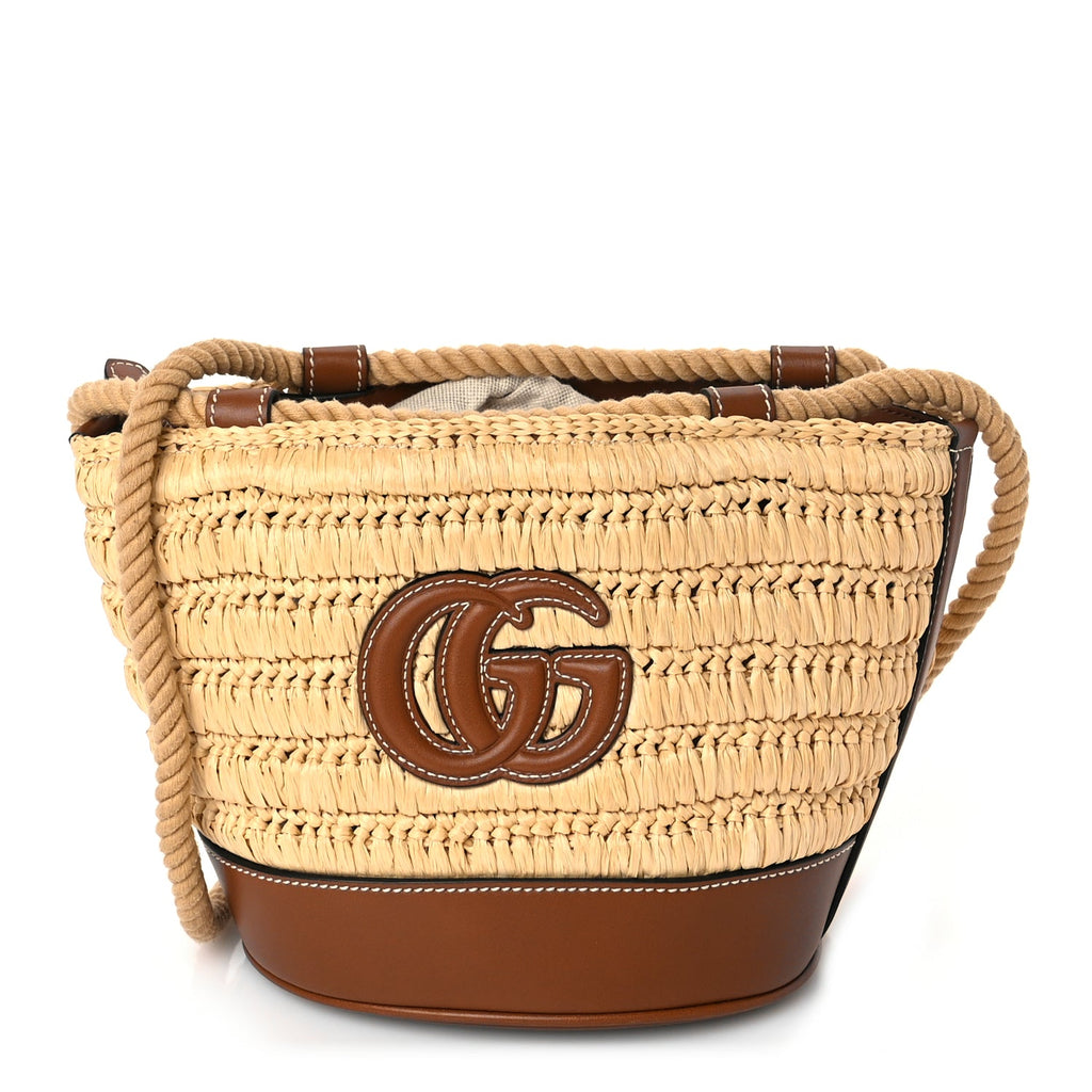 Gucci Raffia Calfskin Woven Mini Bucket Bag Brown