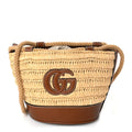 Gucci Raffia Calfskin Woven Mini Bucket Bag Brown