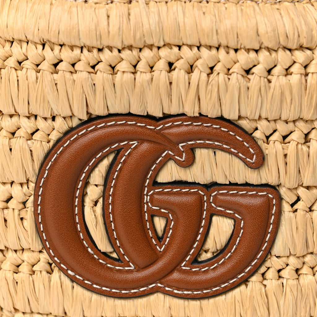 Gucci Raffia Calfskin Woven Mini Bucket Bag Brown