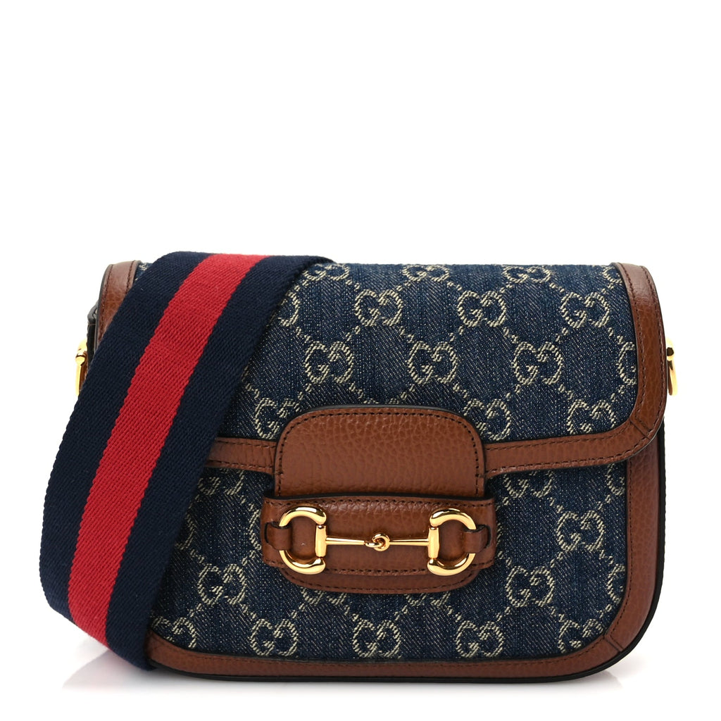 Gucci New Denim GG Monogram Dollar Calfskin Web Mini Horsebit 1955 Shoulder Bag Blue Tea Cuir Epilog