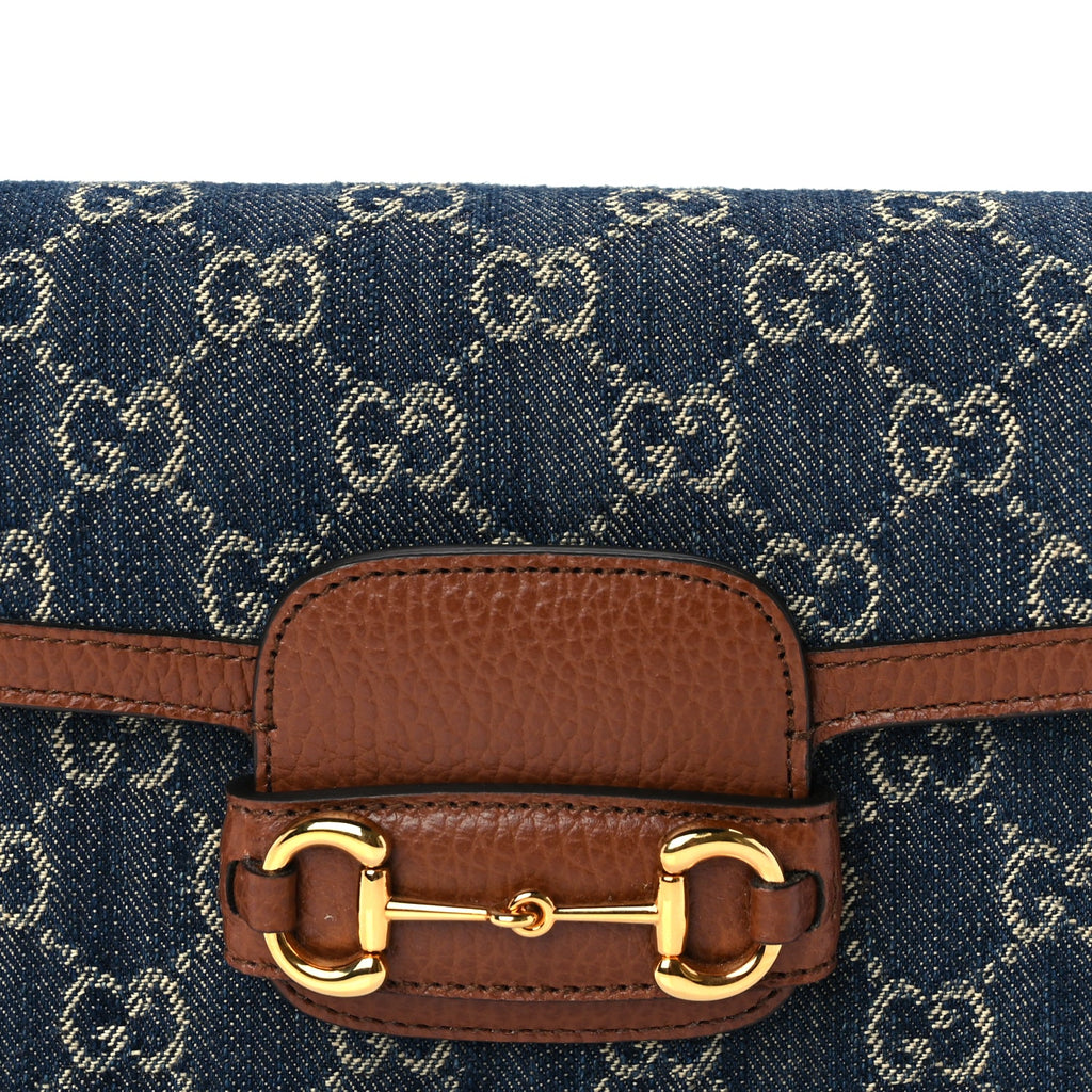 Gucci New Denim GG Monogram Dollar Calfskin Web Mini Horsebit 1955 Shoulder Bag Blue Tea Cuir Epilog