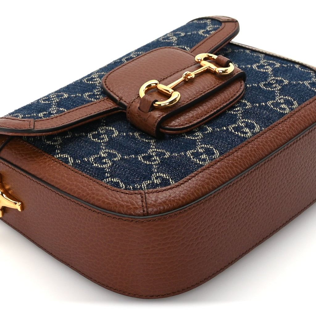 Gucci New Denim GG Monogram Dollar Calfskin Web Mini Horsebit 1955 Shoulder Bag Blue Tea Cuir Epilog