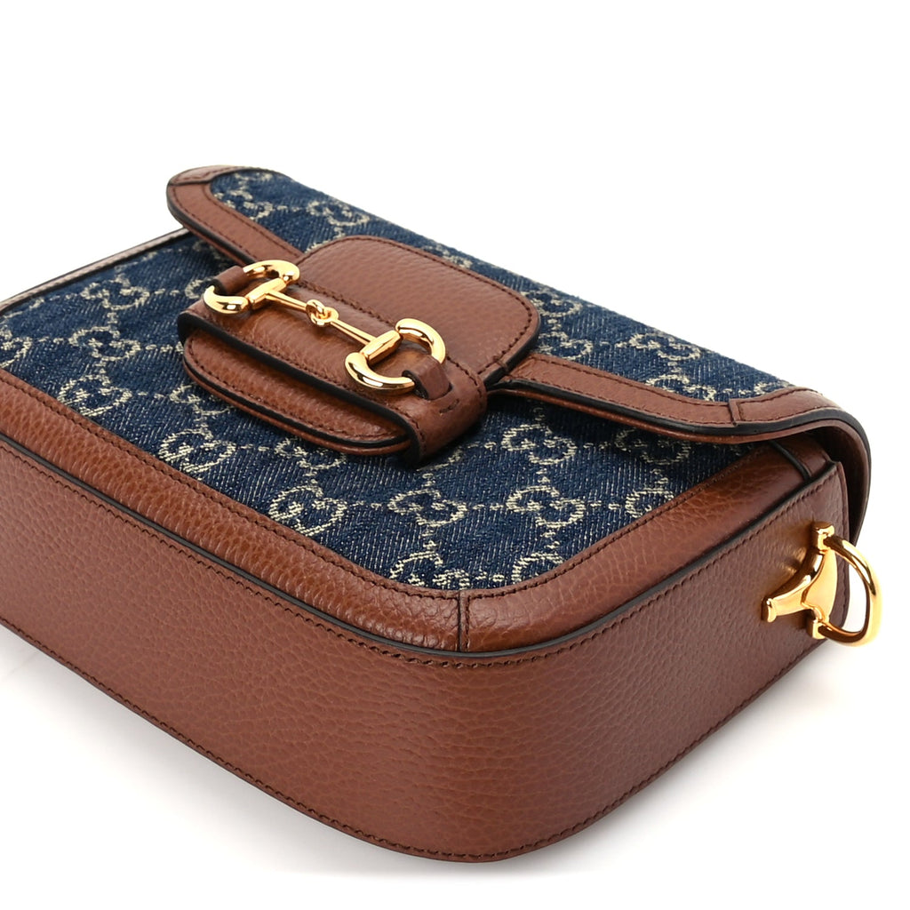 Gucci New Denim GG Monogram Dollar Calfskin Web Mini Horsebit 1955 Shoulder Bag Blue Tea Cuir Epilog