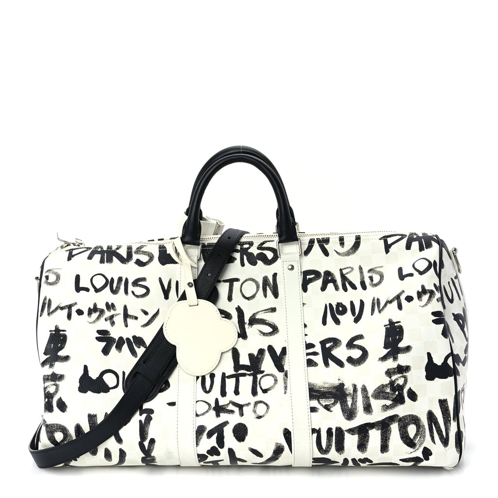 Louis Vuitton Calfskin Damier Scribble Keepall Bandouliere 50  Black White