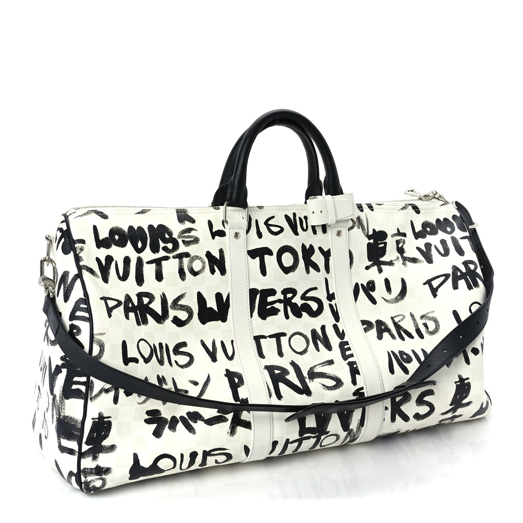 Louis Vuitton Calfskin Damier Scribble Keepall Bandouliere 50  Black White