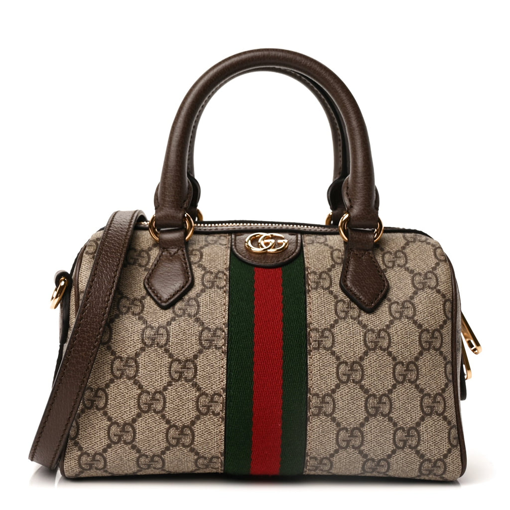 Gucci GG Supreme Monogram Textured Dollar Calfskin Web Mini Ophidia Top Handle Bag Beige Ebony New Acero