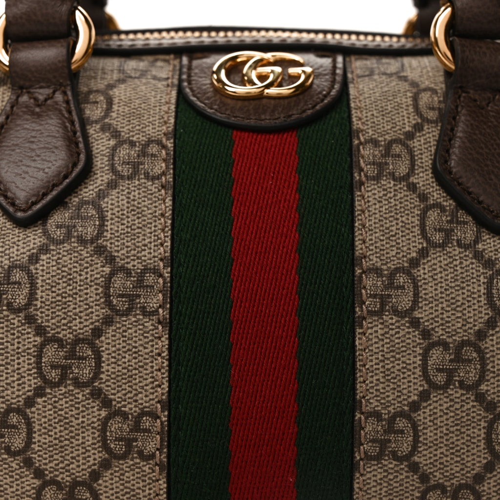 Gucci GG Supreme Monogram Textured Dollar Calfskin Web Mini Ophidia Top Handle Bag Beige Ebony New Acero