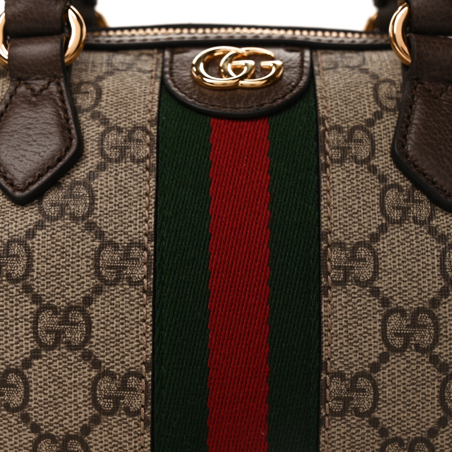 Gucci GG Supreme Monogram Textured Dollar Calfskin Web Mini Ophidia Top Handle Bag Beige Ebony New Acero