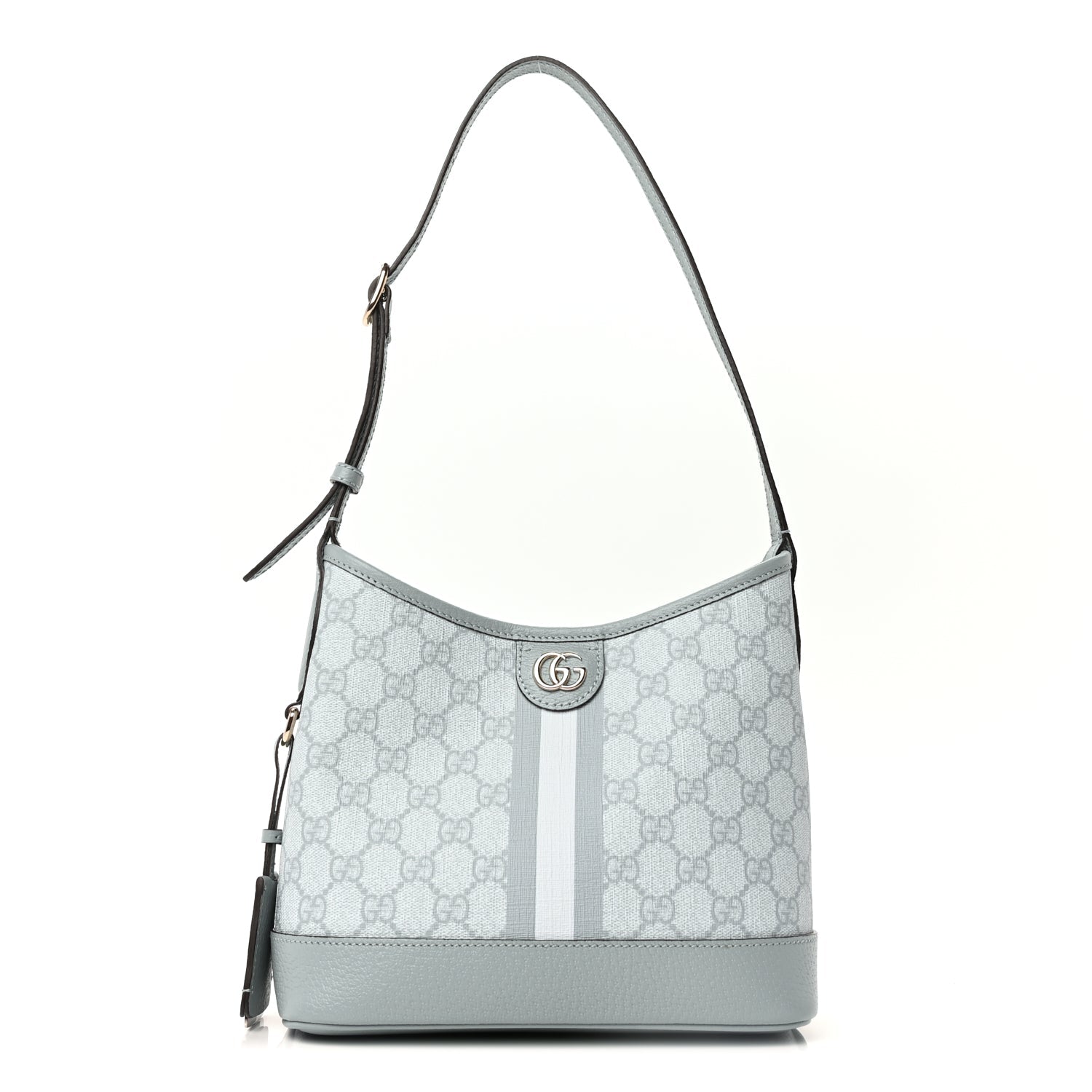 Gucci GG Supreme Monogram Textured Dollar Calfskin Web Small Ophidia Bucket Shoulder Bag Dusty Blue