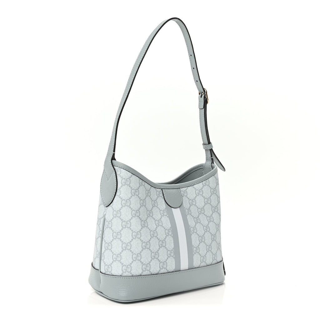 Gucci GG Supreme Monogram Textured Dollar Calfskin Web Small Ophidia Bucket Shoulder Bag Dusty Blue