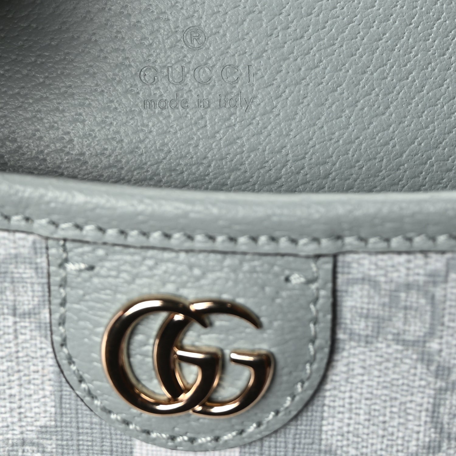 Gucci GG Supreme Monogram Textured Dollar Calfskin Web Small Ophidia Bucket Shoulder Bag Dusty Blue