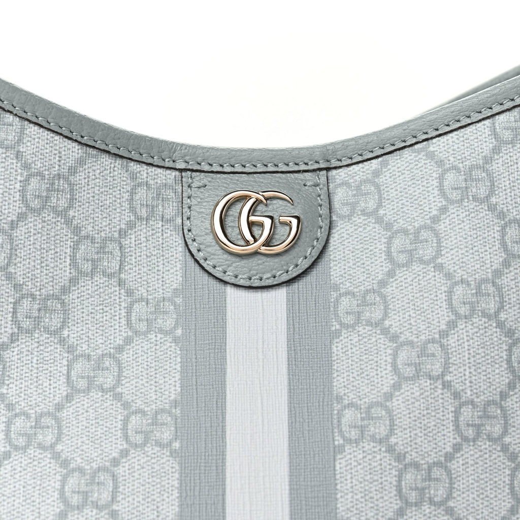 Gucci GG Supreme Monogram Textured Dollar Calfskin Web Small Ophidia Bucket Shoulder Bag Dusty Blue