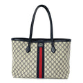 Gucci GG Supreme Monogram Textured Calfskin Web Medium Ophidia Shopping Tote Beige Blue
