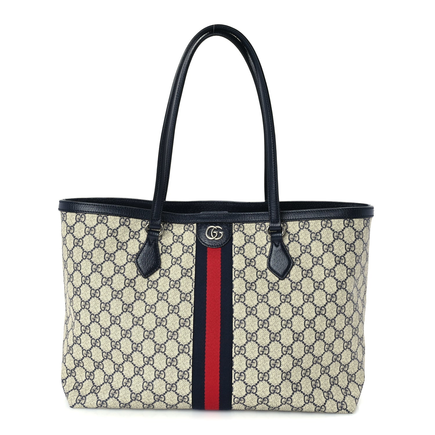 Gucci GG Supreme Monogram Textured Calfskin Web Medium Ophidia Shopping Tote Beige Blue